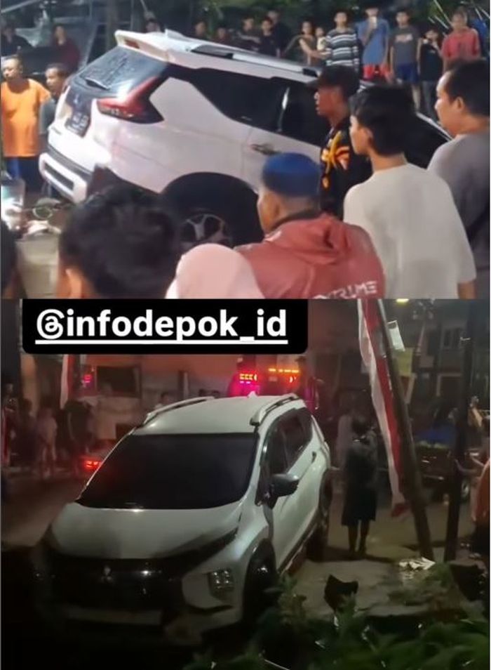 Evakuasi Mitsubishi Xpander Cross yang tersungkur ke selokan akibat banjir di Bukit Cengkeh 2, Cimanggis, Kota Depok, (11/8/25) malam