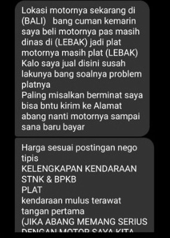 Tangkapan layar penipuan segitiga motor bekas
