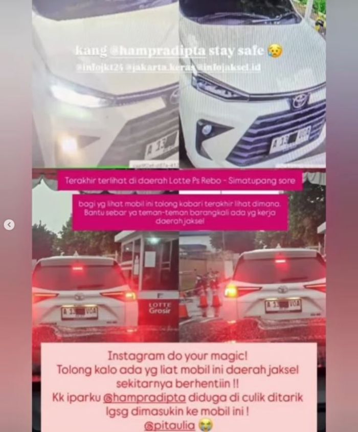Ciri-ciri Toyota Avanza putih yang ditumpangi empat pria penculik dan pembunuh Kepala Cabang Pembantu Bank BRI Cempaka Putih, MIP (37)