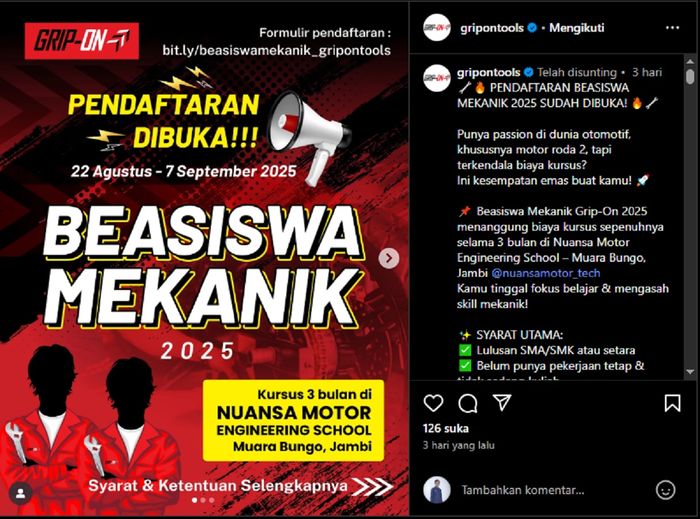 Syarat dan ketentuan pendaftaran bisa dicek di akun Instagram resmi Grip On Tools