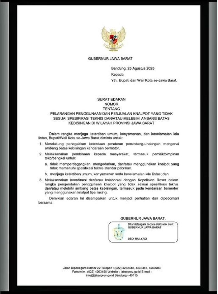 Surat Edaran Pelarangan Penggunaan dan Penjualan Knalpot Brong atau Tak Sesuai Standar di Wilayah Jawa Barat yang diterbitkan Gubernur Dedi Mulyadi