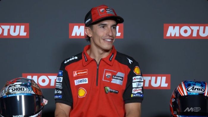 Pembalap Ducati Lenovo, Marc Marquez, saat berbicara dalam konferensi pers pra-event MotoGP Jepang di Mobility Resort Motegi, Motegi, Jepang, 25 September 2025.