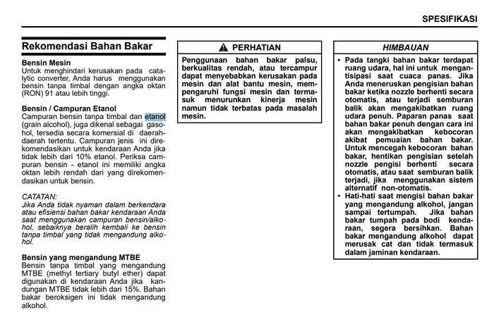 Buku panduan pemilik Suzuki Fronx yang menjelaskan penggunaan bahan bakar dengan campuran etanol