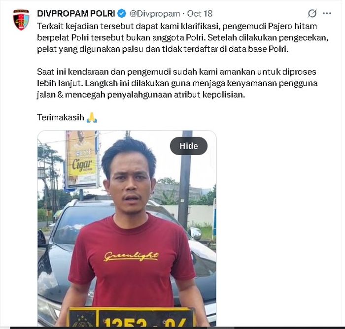 Pengemudi Pajero hitam yang menggunakan strobo dan sirine saat macet bukan anggota polri