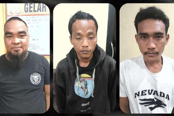Hadi Siswanto (32), Indra Gunawan (36) dan Dwi Seftiadi Permana Sore (23) tiga pelaku penembakan sopir angkutan desa di Kabupaten Banyuasin, Sumatera Selatan setelah ditangkap polisi.