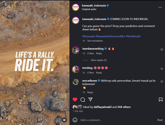 PT Kawasaki Motor Indonesia (KMI) memberikan pertanyaan mengenai perkiraan harga untuk motor barunya