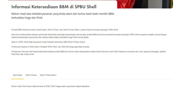 Informasi Ketersediaan BBM" di website resmi Shell (3/11/2025)