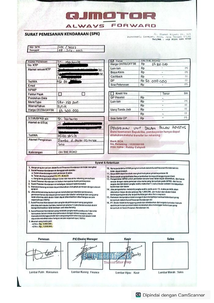 SPK WJ Motor yang telah lunas dibayar Rp 65,5 juta