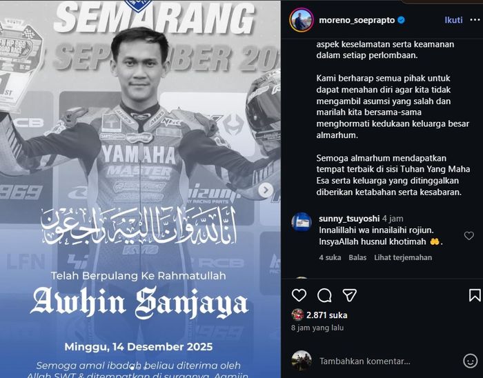 Unggahan Moreno Soeprapto sebagai bentuk belasungkawa untuk Ahwin Sanjaya