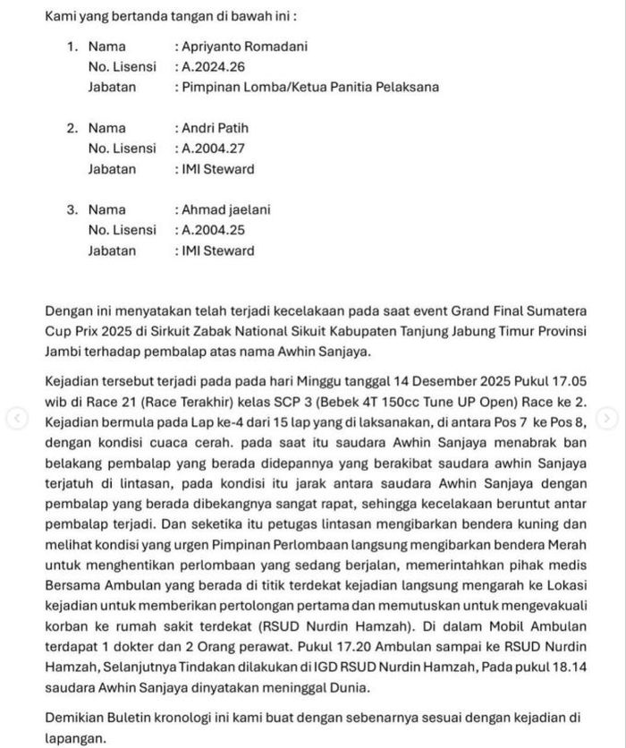 Surat kronologi resmi dari panita pelaksana lomba Sumatera Cup Prix 2025 tentang kronologi kecelakaan pembalap Ahwin Sanjaya