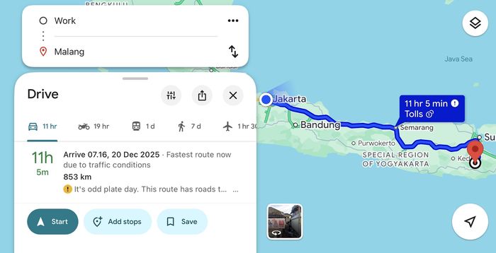 Perkiraan jarak tempuh dari Jakarta ke Malang