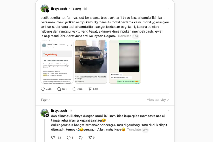 Unggahan salah satu warga yang membeli mobil bekas dari lelang Ibid, ternyata harga murah dan kini jadi tuman beli lagi