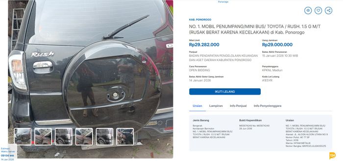 Lelang Toyota Rush pelat merah tipe G M/T 2016 milik Pemkab Ponorogo yang dilelang mulai Rp 29,2 juta