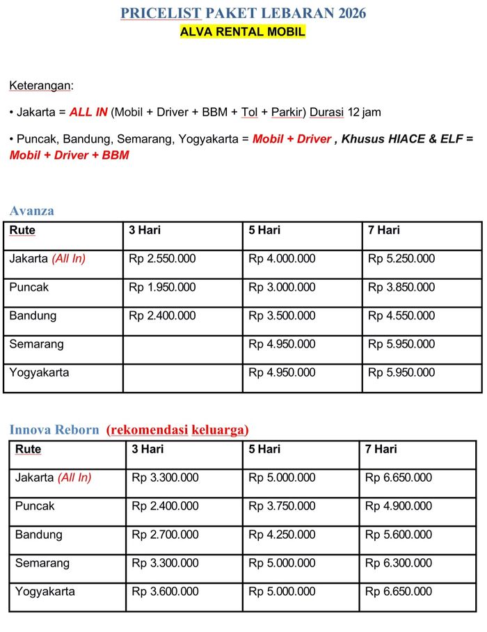 Pricelist paket Lebaran 2026 Alva Rental Mobil 