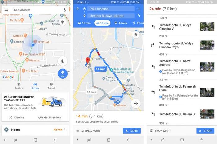 Tampilan pilihan mode kendaraan di Google Maps