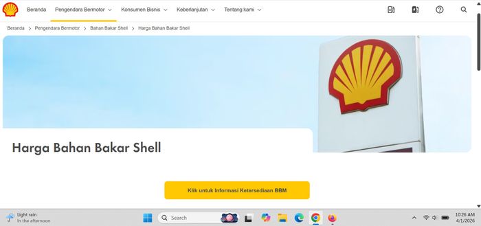 Tangkapan layar halaman harga bahan bakar di situs Shell Indonesia pada 1 April 2026