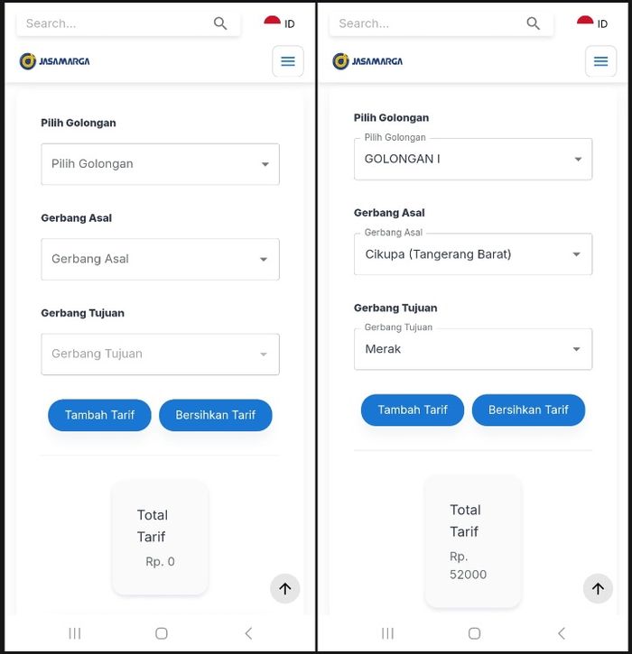 Tampilan cek tarif tol via laman resmi Jasa Marga, Jasamarga.com/kalkulator-tarif-tol
