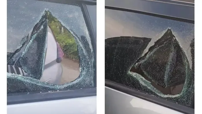 Kondisi kaca pintu tengah kiri Mitsubishi Xpander jemaat gereja GTM Jemaat Musafir Lantora, Polewali, Polewali Mandar, Sulawesi Barat yang reak berlubang dibobol maling