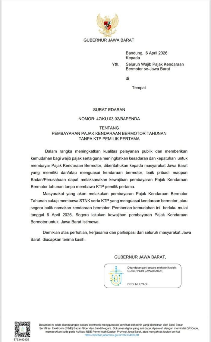 Surat Edaran Gubernur Jawa Barat tentang pembayaran pajak kendaraan tanpa KTP pemilik lama
