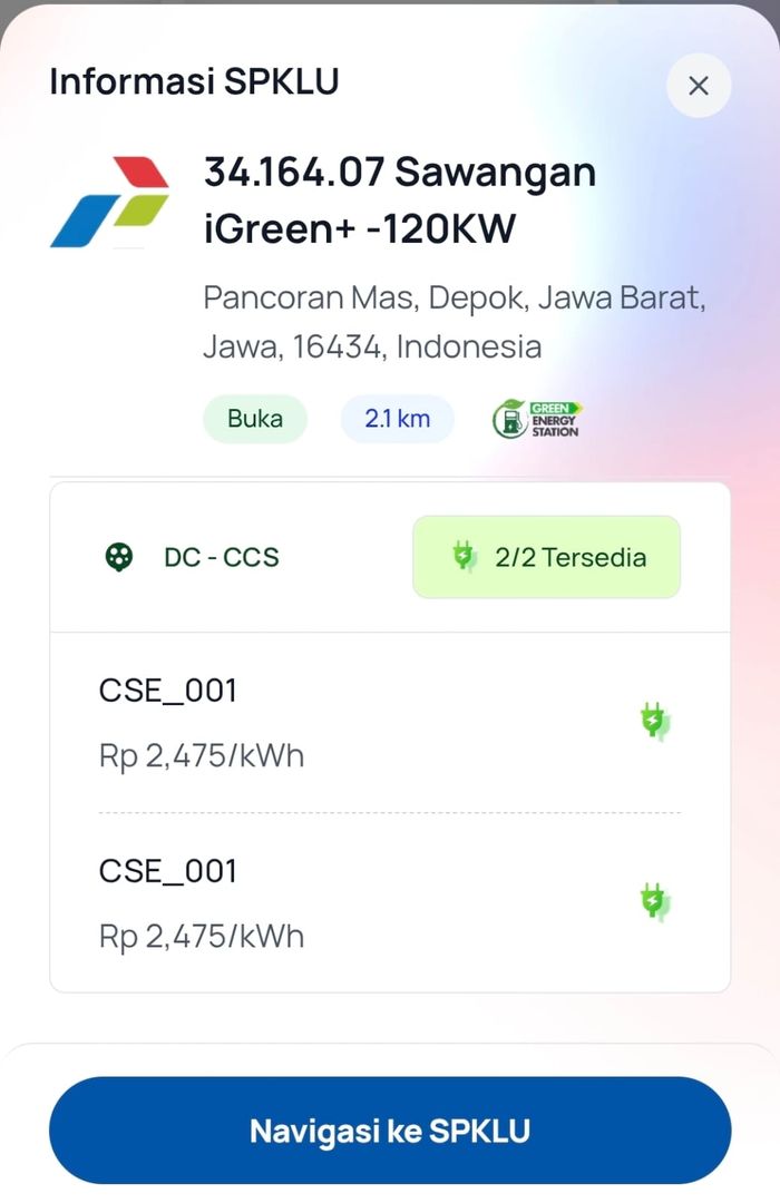 Tampilan di aplikasi MYPertamina mengenai lokasi SPKLU