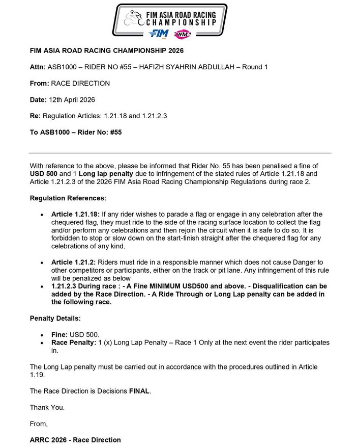 Keputusan Race Director untuk Hafizh Syahrin, denda USD500 dan Long Lap Penalty