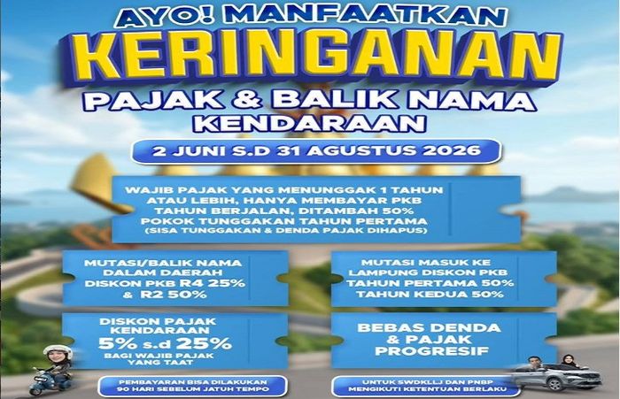 Program pemutihan pajak kendaraan di provinsi Lampung mulai 2 Juni sampai 31 Agustus 2026