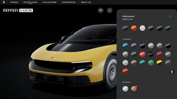 Palet warna pada konfigurator resmi Ferrari Luce.