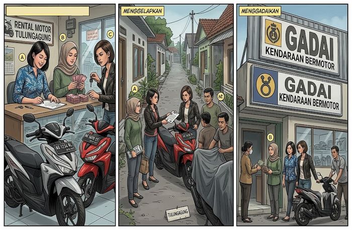 Ilustrasi tiga wanita di Tulungagung, Jawa Timur menggelapkan motor rental dengan digadaikan