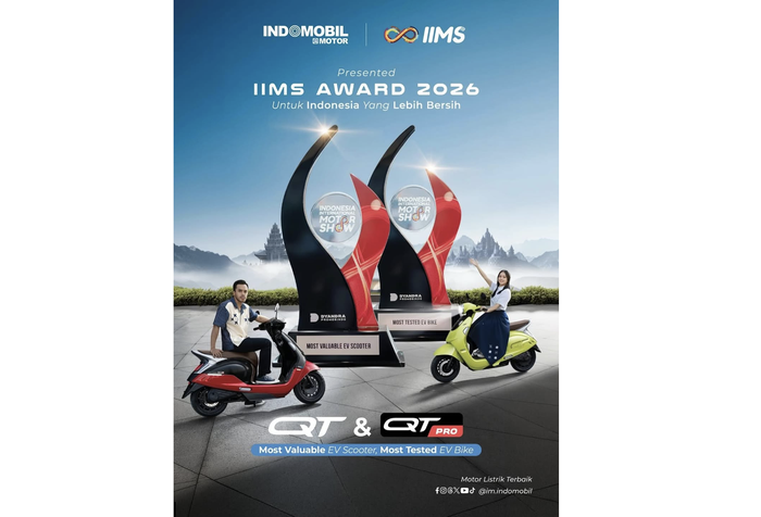 Indomobil eMotor meraih penghargaan Most Valuable EV Scooter dan Most Tested EV Bike melalui model QT dan QT Pro di IIMS Award 2026. 