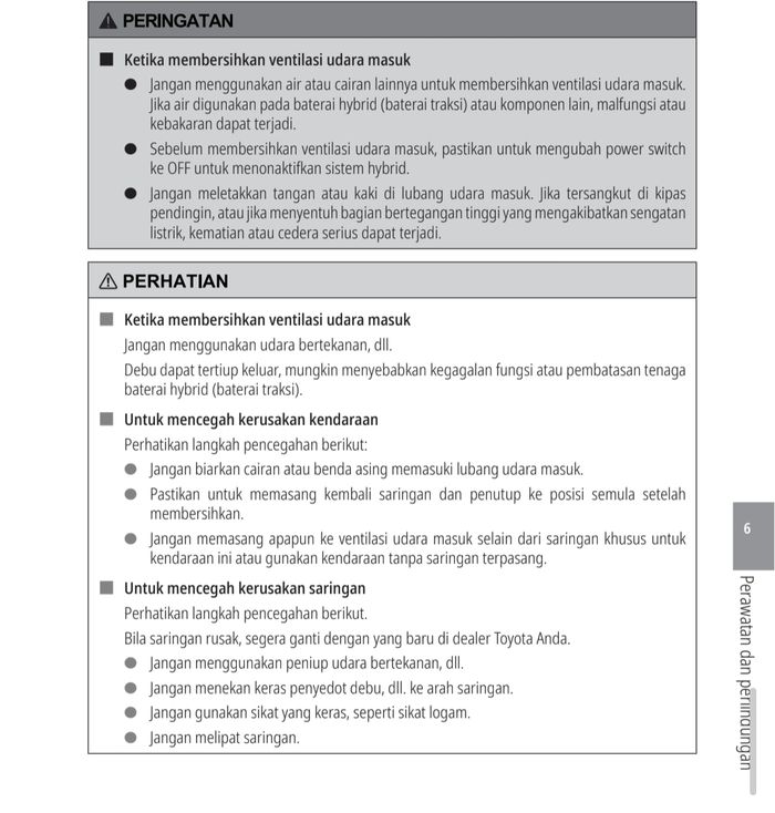 Perhatian ketika membersihkan ventilasi udara masuk ke baterai hybrid