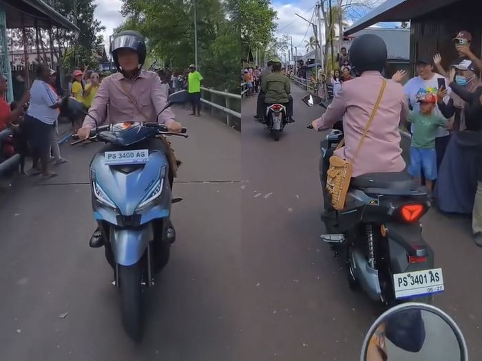 Wakil Presiden Republik Indonesia, Gibran Rakabuming Raka, menggunakan motor saat melakukan kunjungan kerja ke Agats, Asmat, Papua