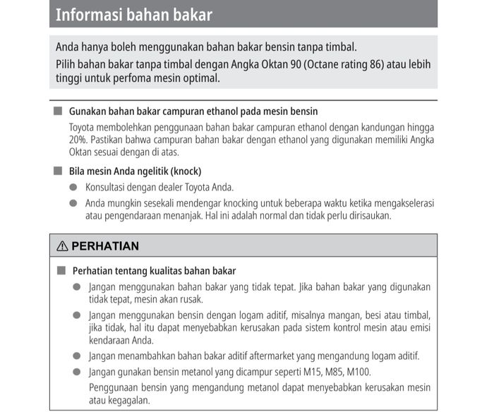 Informasi bahan bakar di manual book