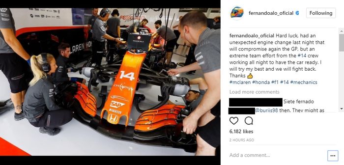 Curhat Fernando Alonso di akun Instagramnya
