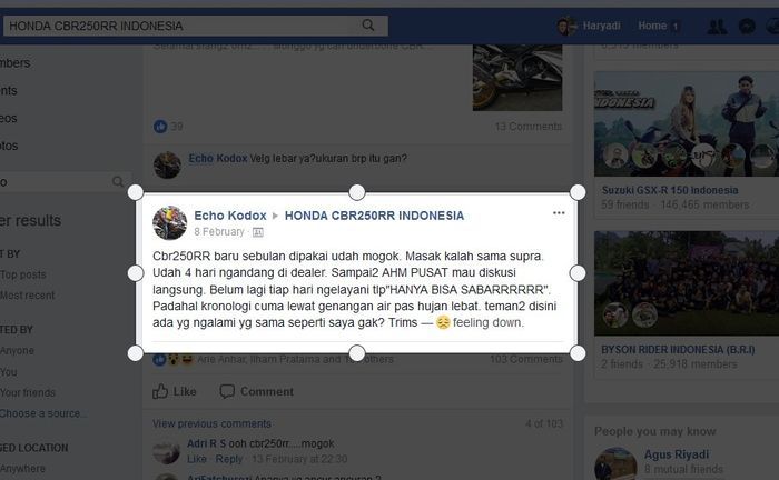 Curhatan masalah Honda CBR250RR sudah sejak Februari 2017 lalu