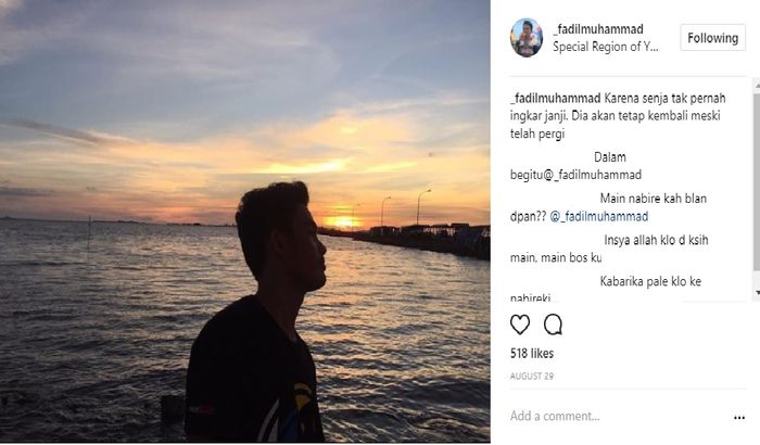 Fadil Muhammad saat menikmati senja di Yogyakarta