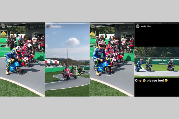 Aleix Espagaro, Tito Rabat, dan Alex Rins dan beberapa pembalap mengendarai motor mini