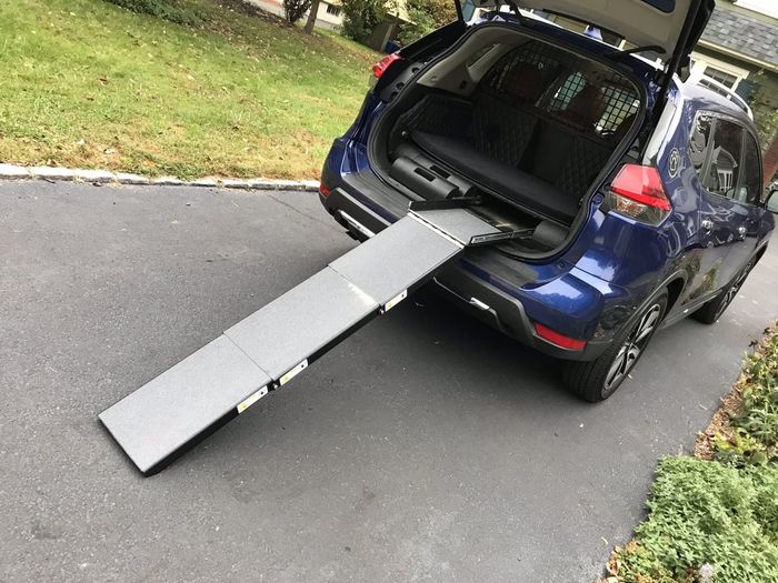 Sebuah tangga khusus untuk memudahkan seekor anjing naik ke mobil 