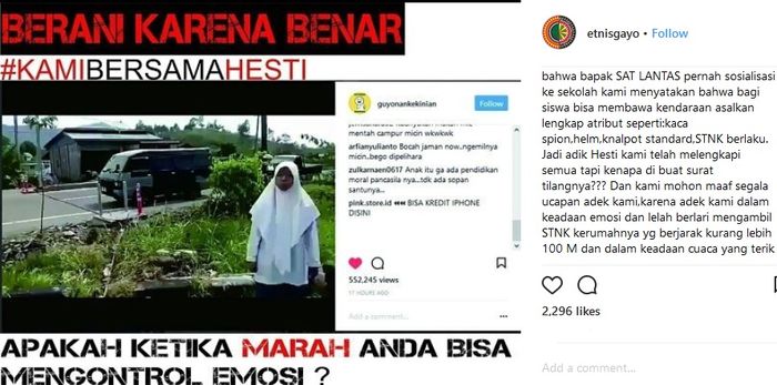 Postingan akun Instagram @etnisgayo