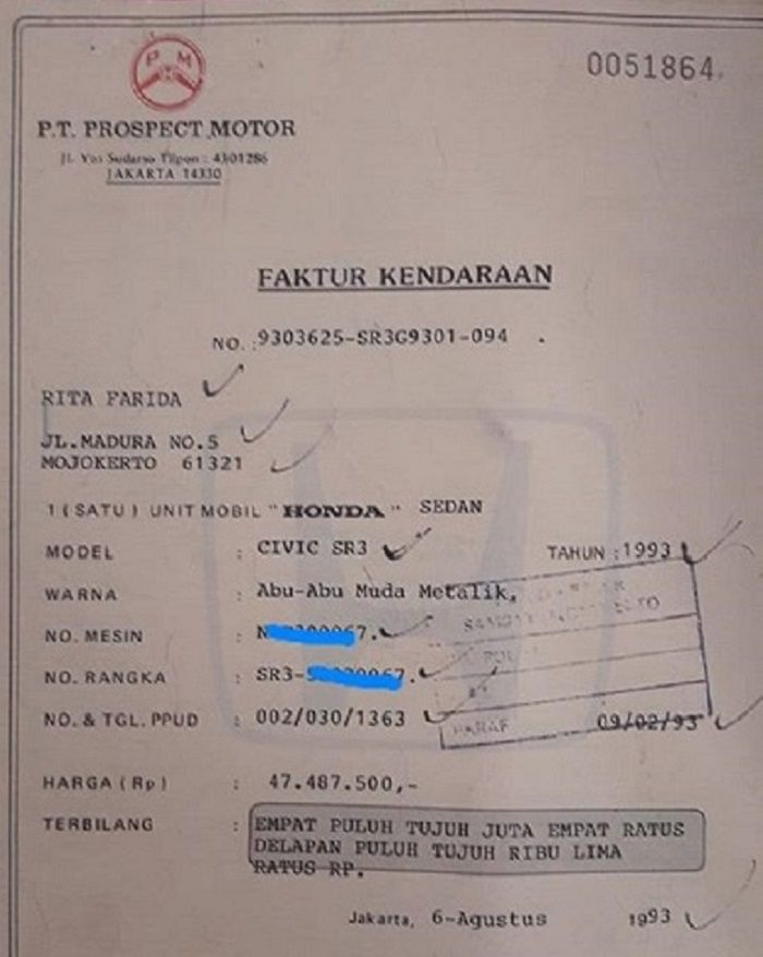 Contoh faktur Honda Civic 1991