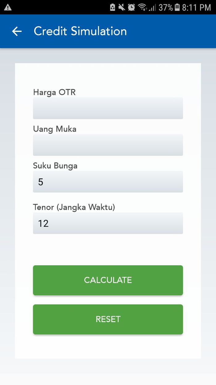 Tampilan muka dari menu Credit Simulation dalam aplikasi Tunas Friend