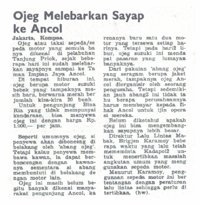 Ojeg melebarkan sayap ke Ancol - Harian Kompas Tahun 1974