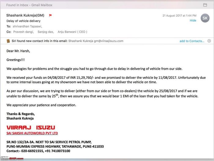 Bukti percakapan antara Tapaswi dan diler Suzuki 