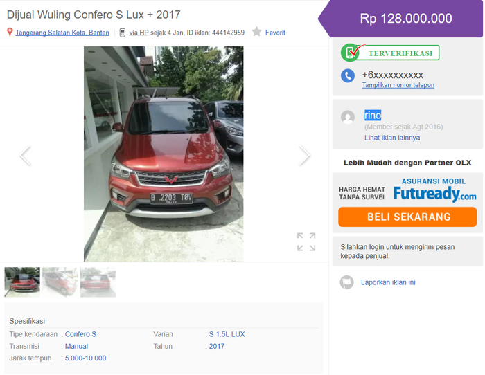 Wuling Confero S seken dijual di situs jual beli Indonesia