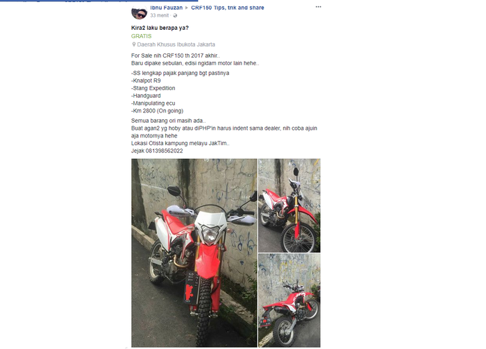 Postingan pemilik CRF150L yang akan menjual motornya