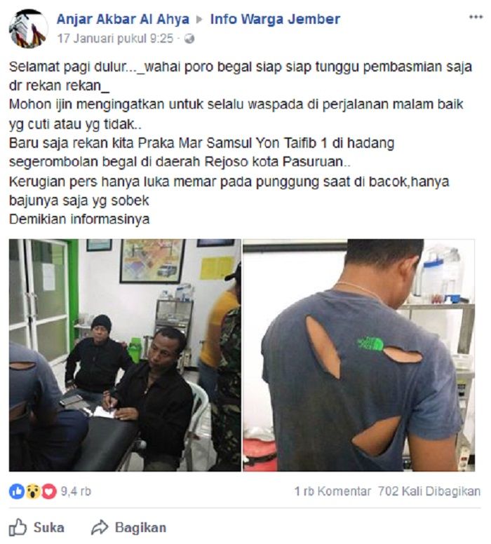 Praka Samsul, korban pembacokan begal di Pasuruan, Jatim.