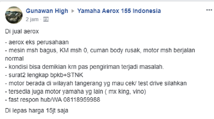 Postingan Gunawan High terkait iklan Yamaha Aerox dijual seharga Rp 15 juta