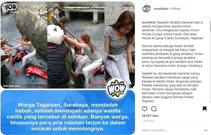 Cewek Cantik Naik Motor Jatuh Ke Got di Surabaya