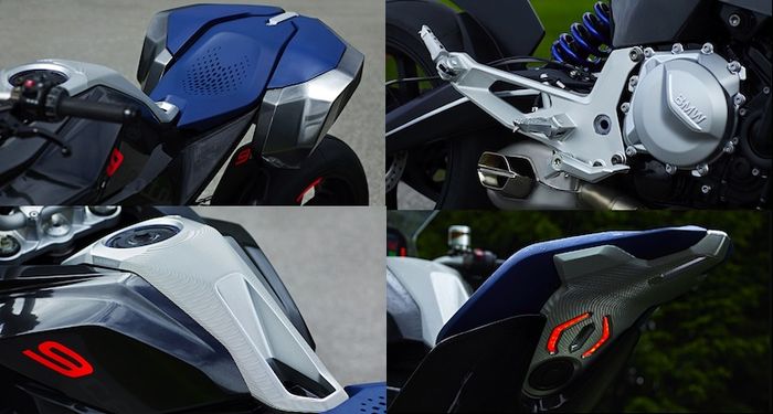 BMW Concept 9Cento dengan bagasi dan tapa bagasi, serta penampakan tangki dan mesin