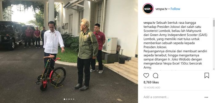 Kado berupa sepeda buatan sendiri sudah diterima secara langsung oleh Presiden Jokowi.