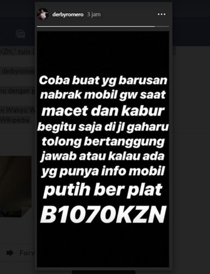 Derbi Romero cari pelaku tabrak lari lewat instastory